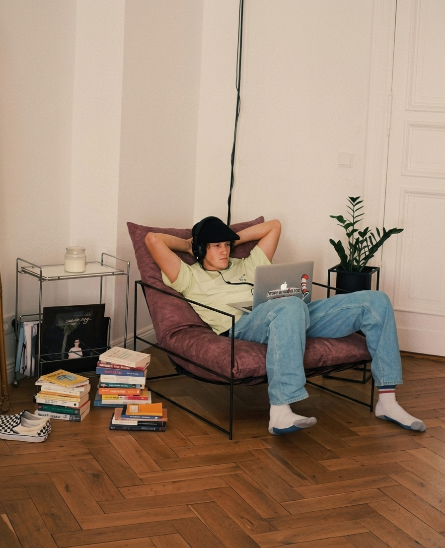 Someone reclined with a laptop in The Drift in Wine, mid-afternoon